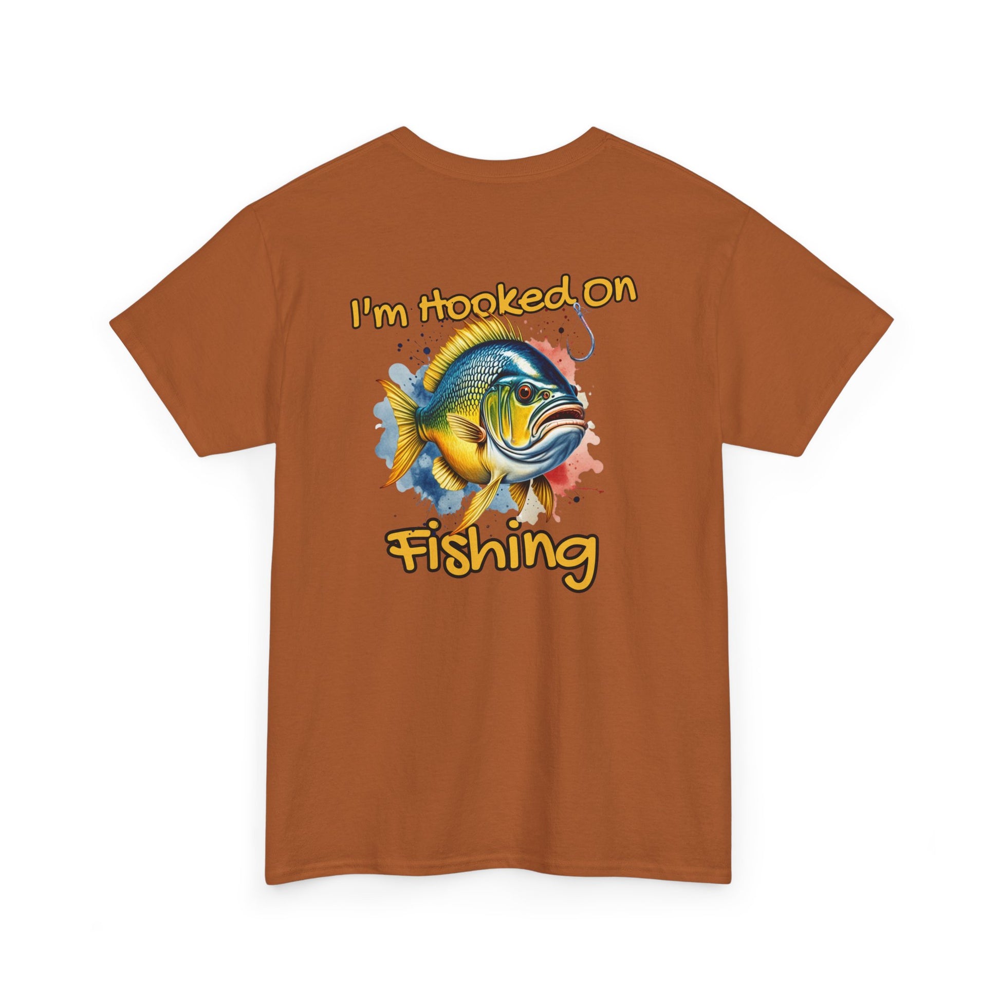 Brown t-shirt with a fish graphic and text 'I'm Hooked On Fishing' on a white background