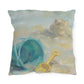 Decorative pillow with beach-themed design featuring a blue sand bucket and yellow shovel.