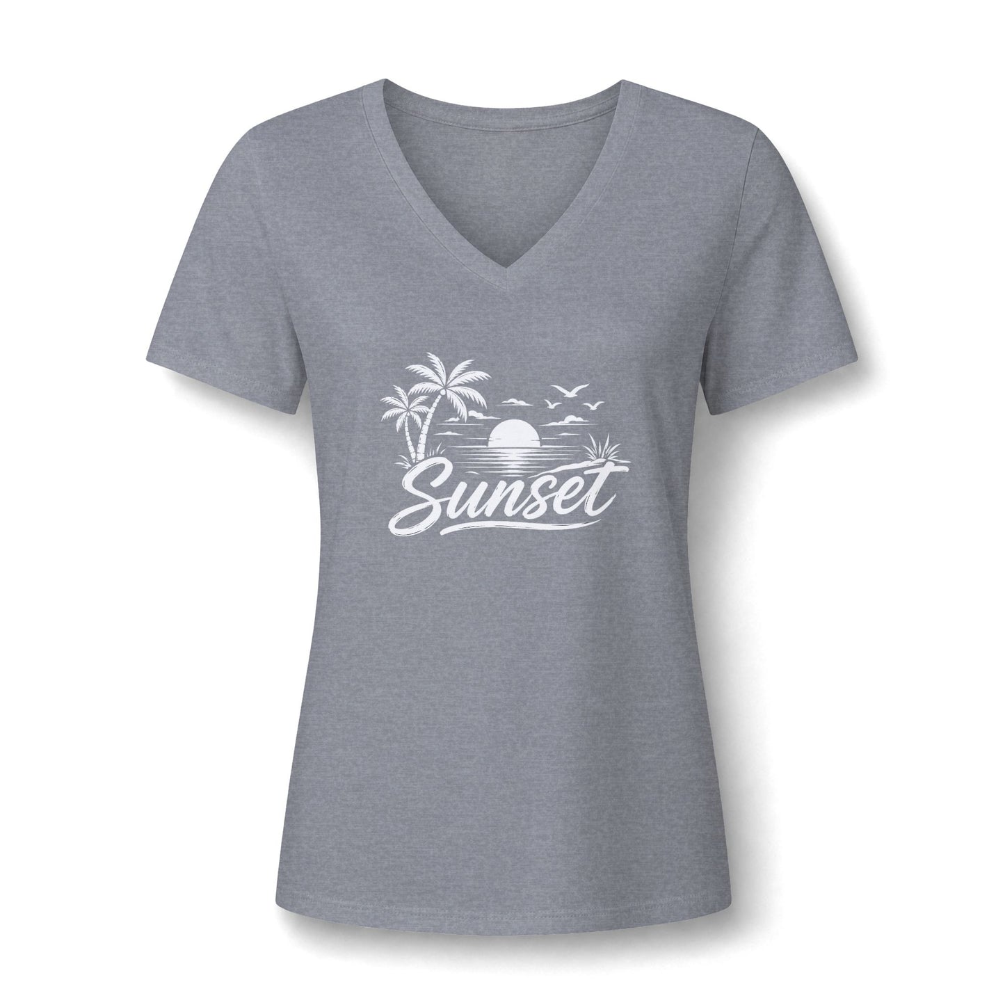 Sunset Palm V-Neck Tee – Women’s Beach Sunset Graphic Shirt