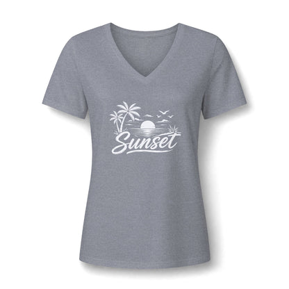 Sunset Palm V-Neck Tee – Women’s Beach Sunset Graphic Shirt
