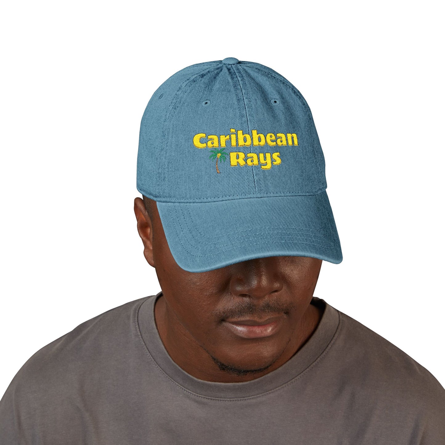Caribbean Rays Embroidered Denim Hat – Tropical Palm Baseball Cap