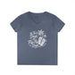 A women's heathered slate blue V-neck t-shirt with a white graphic print on the front that reads 'The Best Days As Flip Flop Days' alongside palm trees and flip-flops, shown on a plain white background.
