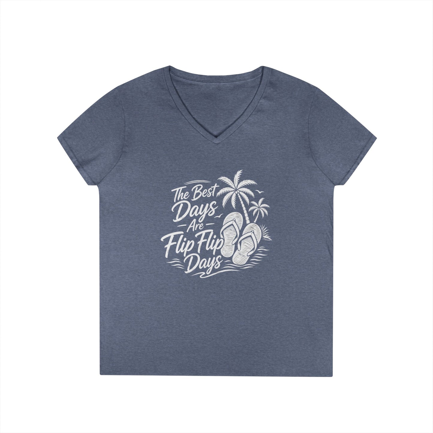A women's heathered slate blue V-neck t-shirt with a white graphic print on the front that reads 'The Best Days As Flip Flop Days' alongside palm trees and flip-flops, shown on a plain white background.