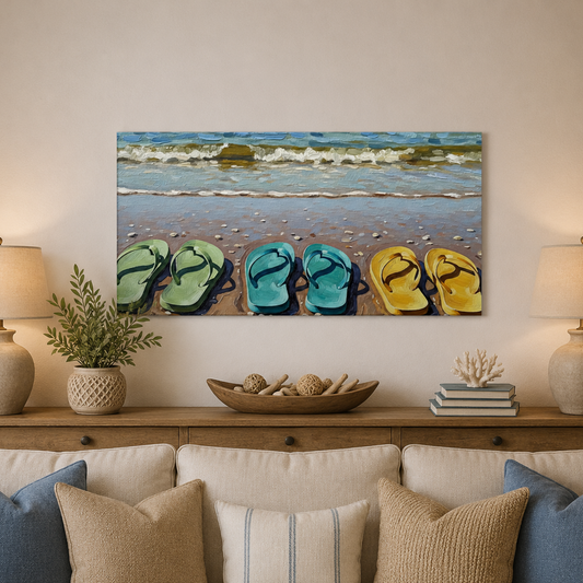 Painting of flip-flops on a beach above a sofa with decorative pillows.