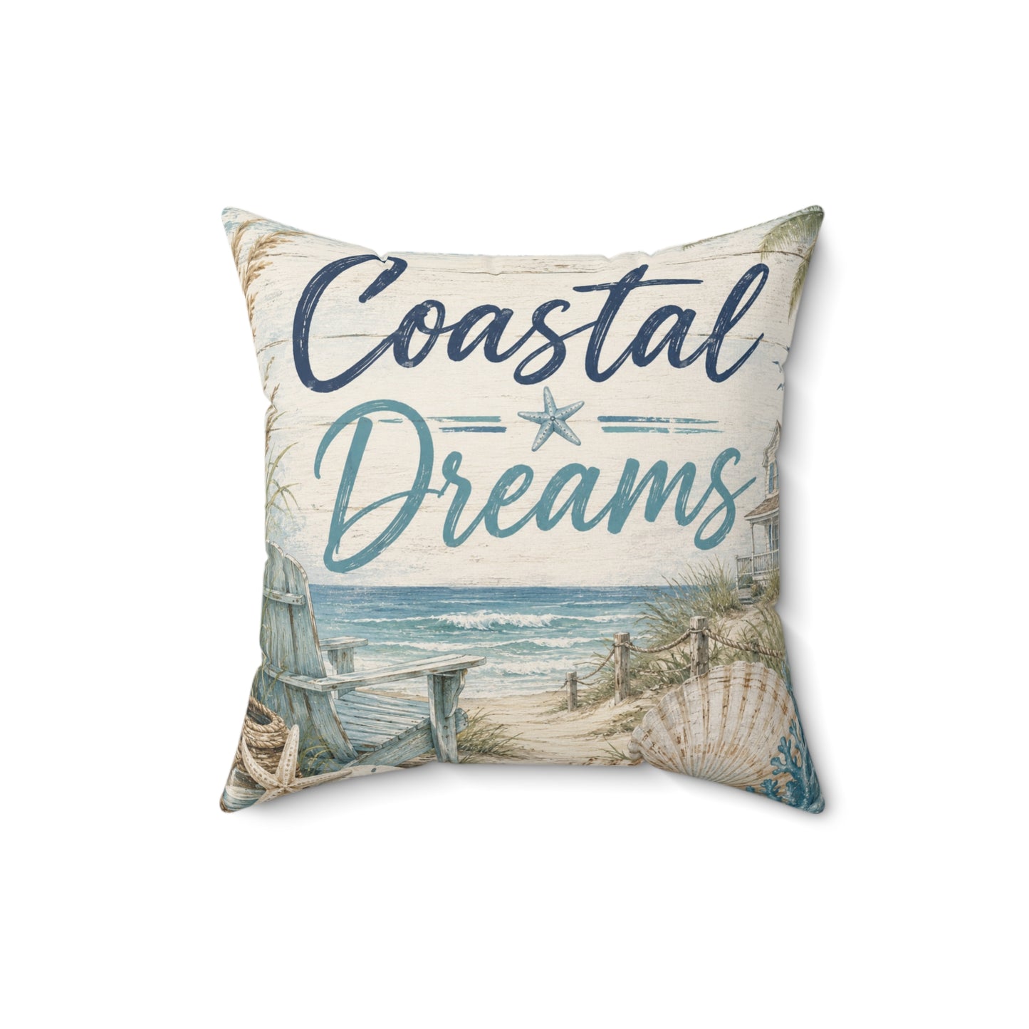A square decorative throw pillow featuring a coastal beach scene with the words 'Coastal Dreams' in navy and teal script, set against a clean white background.