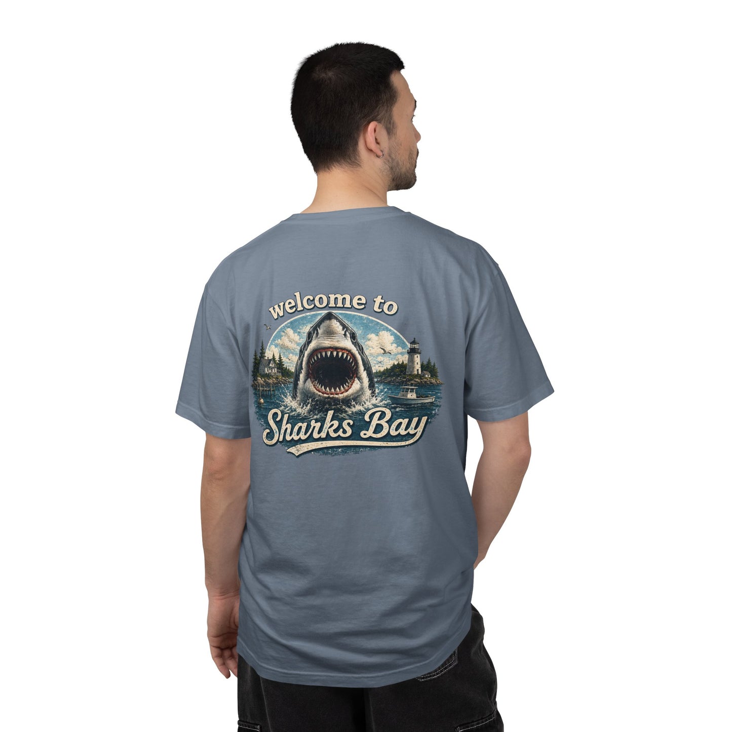 Sharks Bay T-Shirt — "Welcome to Sharks Bay" Vintage Shark Graphic Tee
