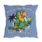 Pillow with a parrot holding a margarita and text 'Screw the Cracker I want a Margarita' on a blue background.