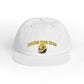 White cap with yellow text and graphic on a white background