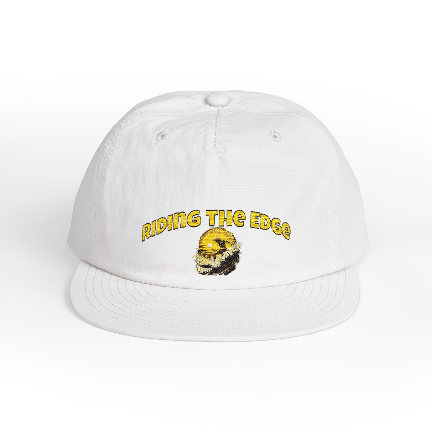White cap with yellow text and graphic on a white background