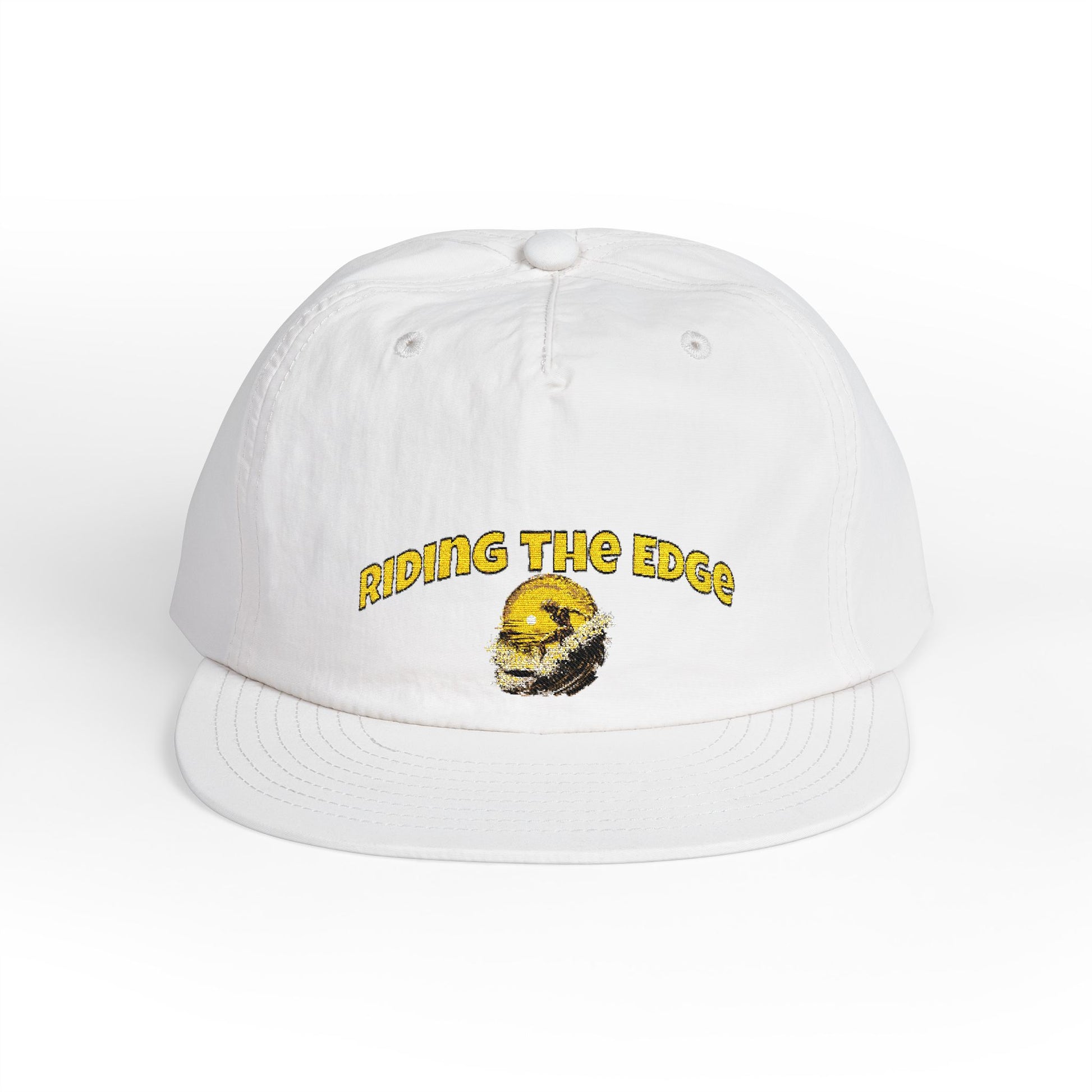 White cap with yellow text and graphic on a white background