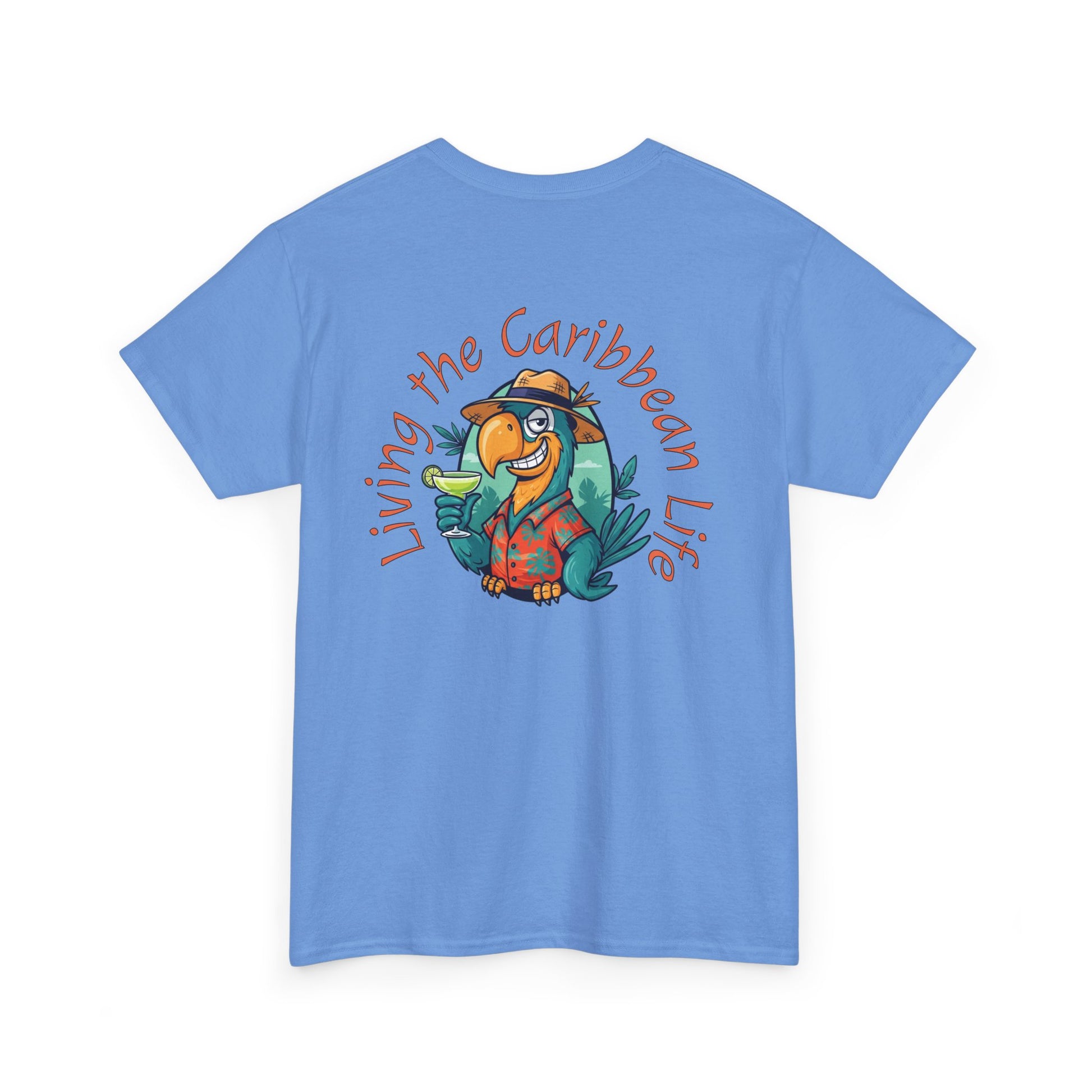 Blue t-shirt with a parrot graphic and text 'Living the Caribbean Life' on a white background