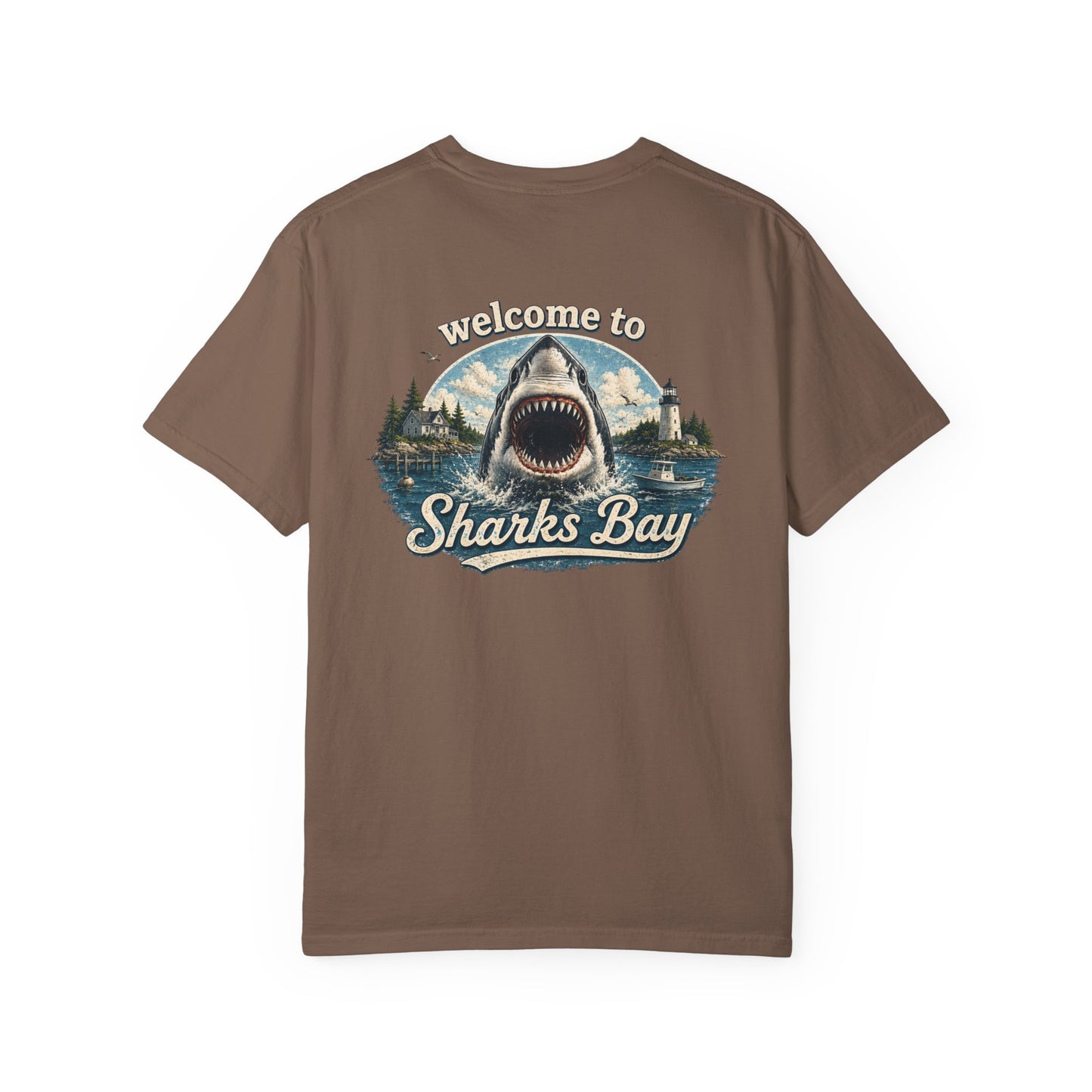 Sharks Bay T-Shirt — "Welcome to Sharks Bay" Vintage Shark Graphic Tee