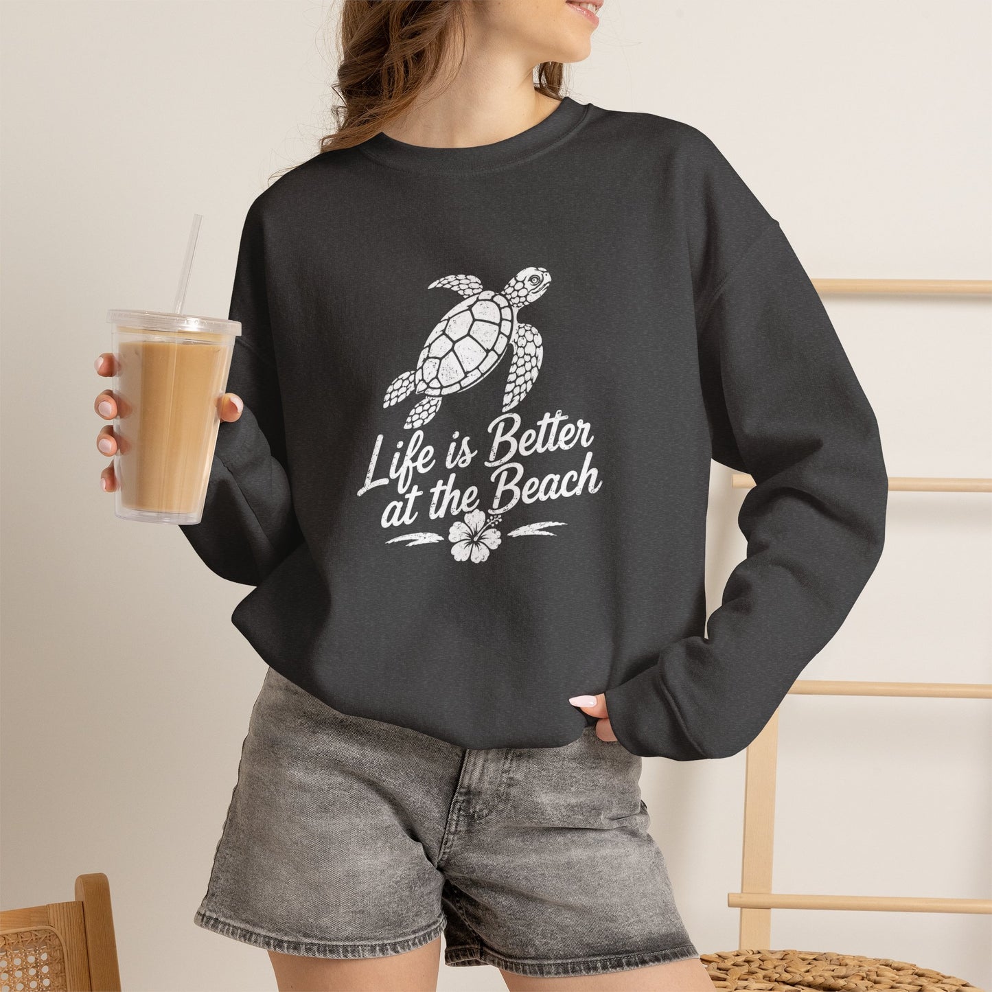 Beach Turtle Crewneck Sweatshirt — "Life is Better at the Beach"