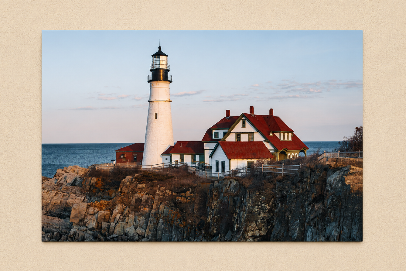 Lighthouse and buildings on a rocky coastline with a clear sky.