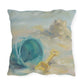 Decorative pillow with beach-themed design featuring a blue sand bucket and yellow shovel on a white background.