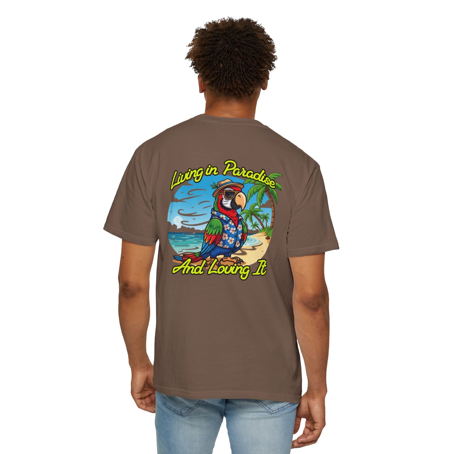 T-Shirt — "Living in Paradise and Loving It" Tropical Parrot Beach Tee