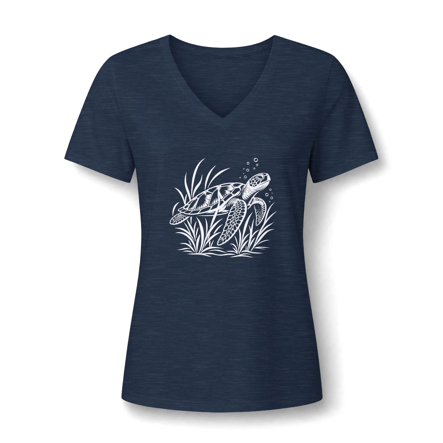 Sea Turtle V-Neck Tee — Women's Relaxed Heather Tee with White Sea Turtle Graphic