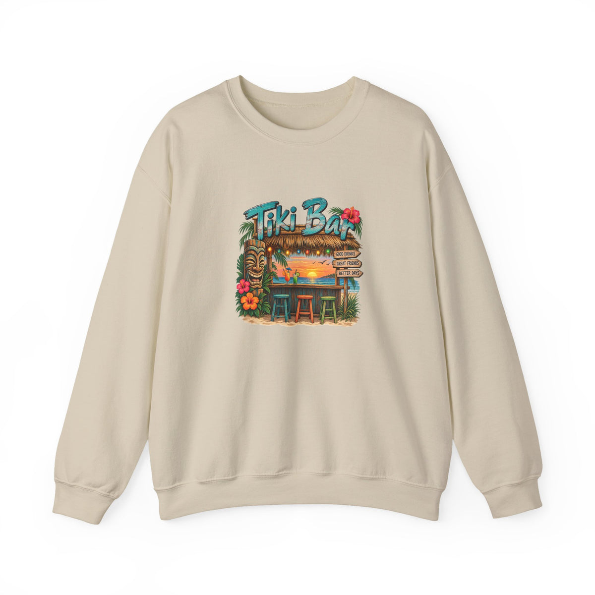Tiki Bar Crewneck Sweatshirt — Retro Tropical Sunset Design