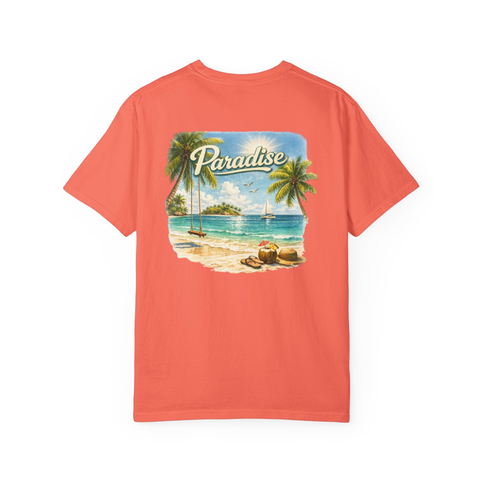 Coral t-shirt with a beach graphic and 'Paradise' text on a white background