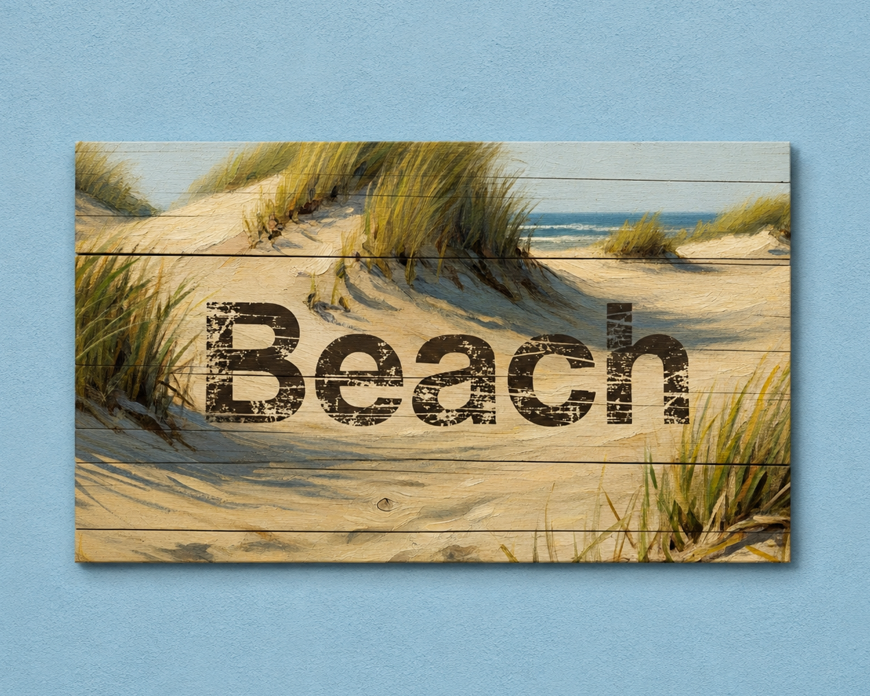 Wooden sign with 'Beach' text on a sandy background with grass, on a blue background