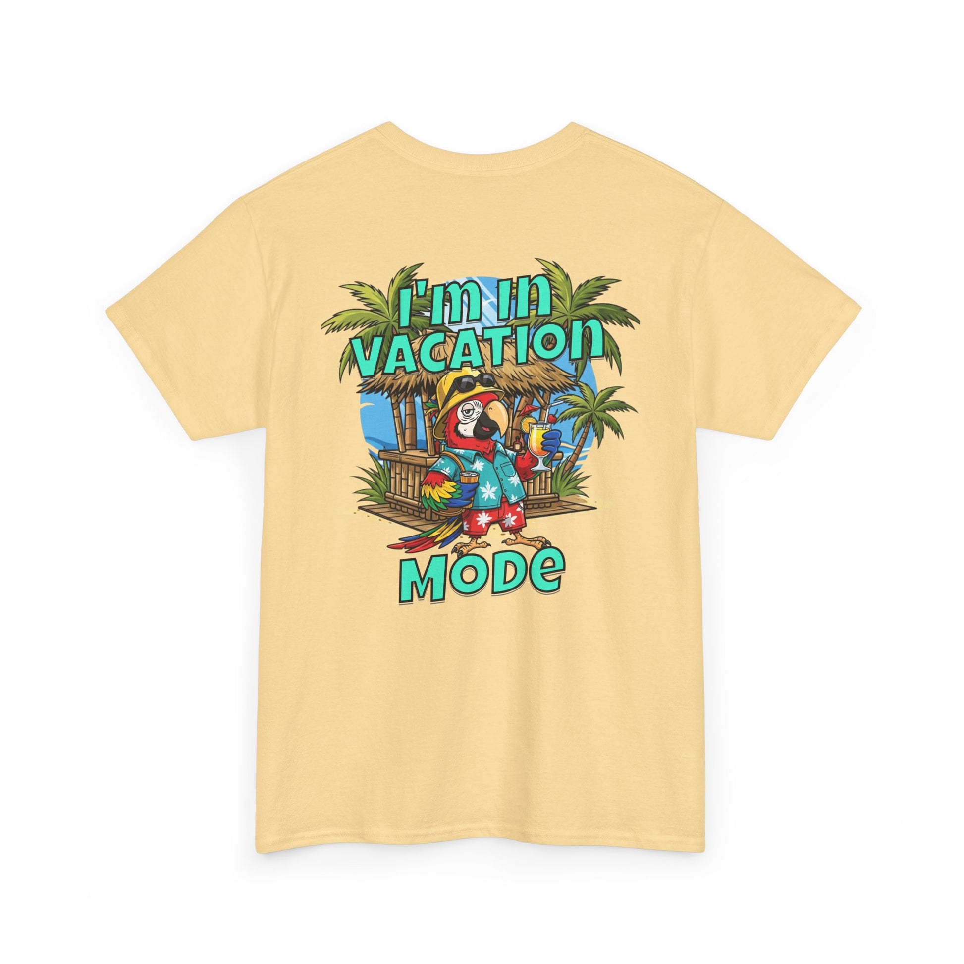Yellow t-shirt with a tropical graphic and 'I'm in Vacation Mode' text on a white background
