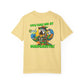 Yellow t-shirt with a parrot graphic and text on a white background
