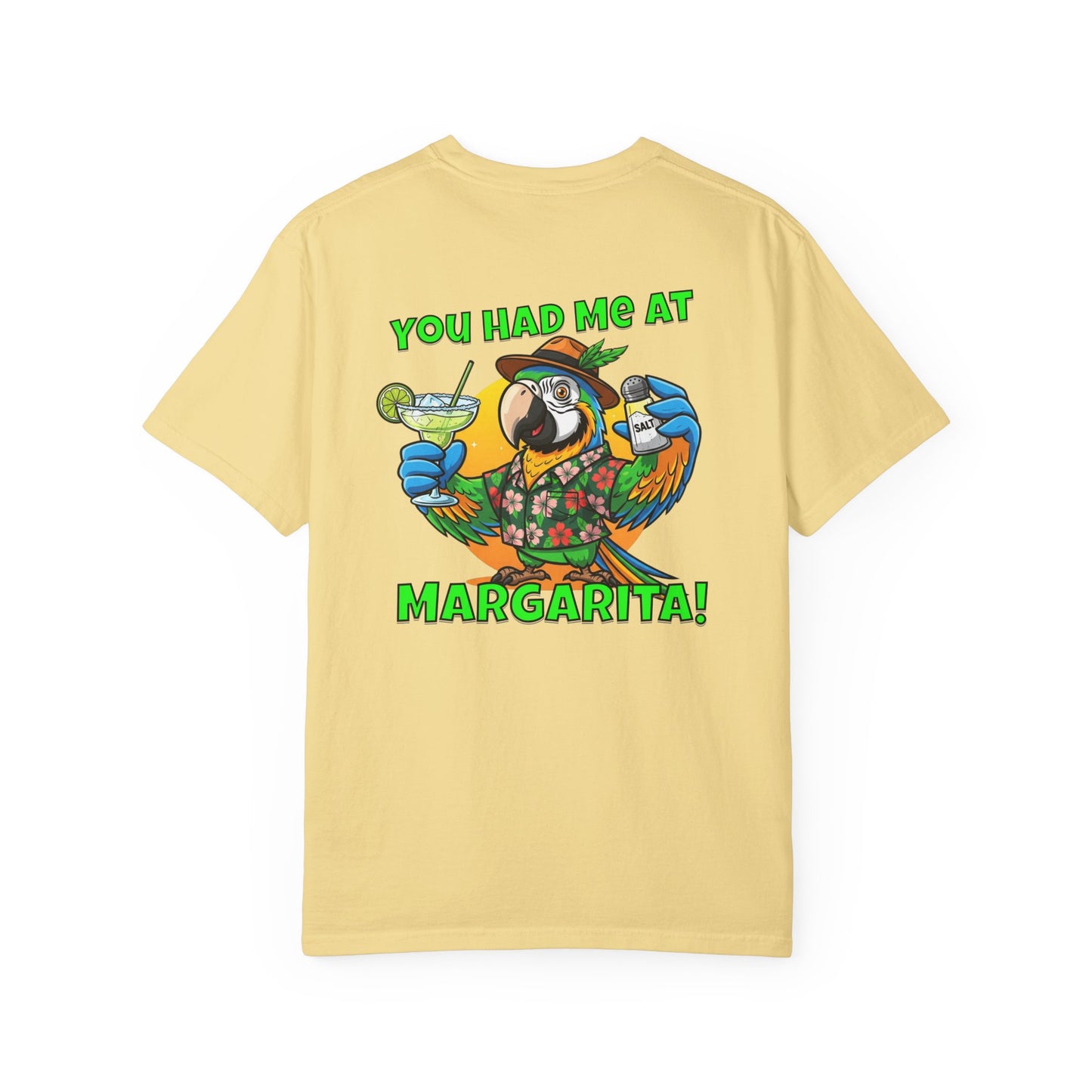Yellow t-shirt with a parrot graphic and text on a white background