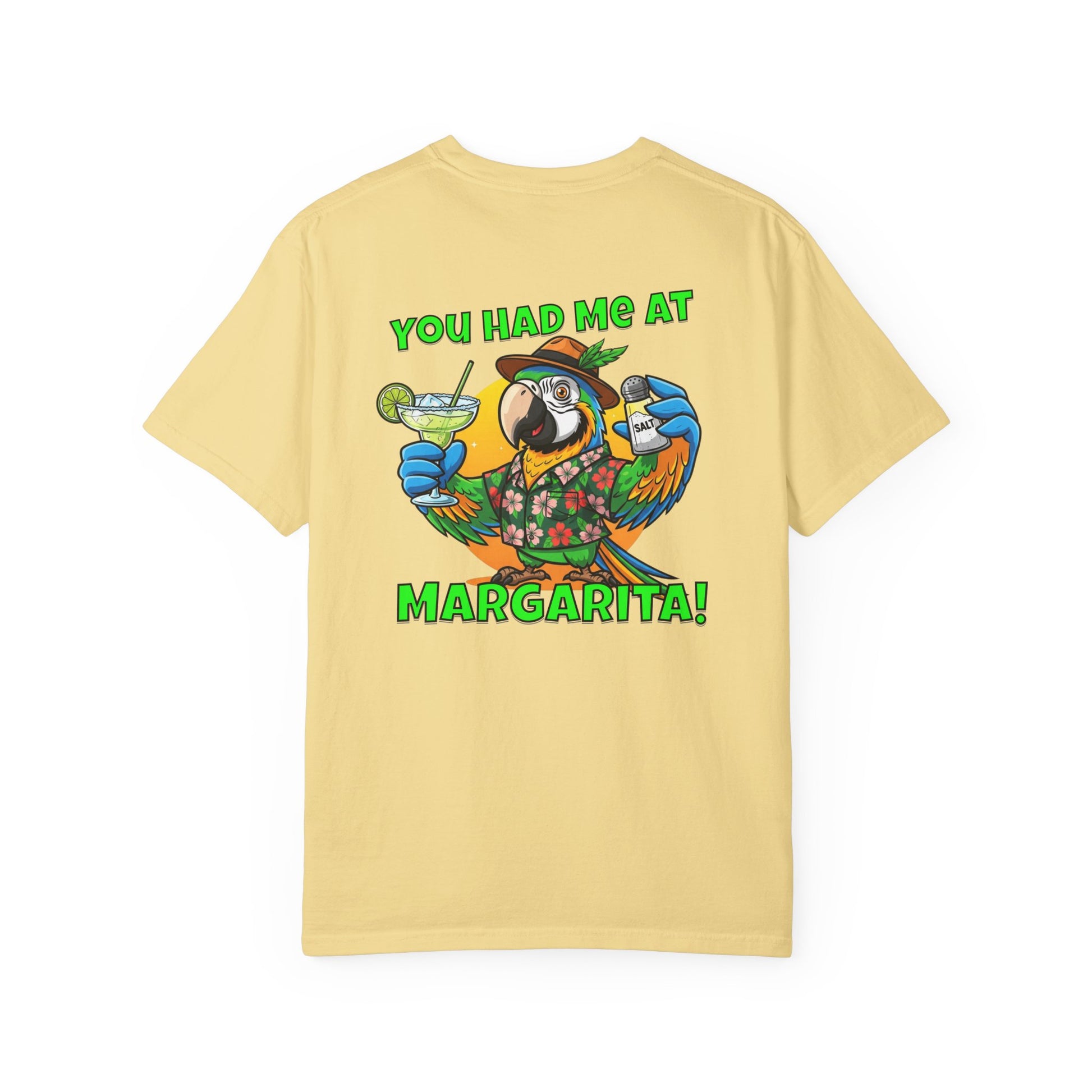 Yellow t-shirt with a parrot graphic and text on a white background