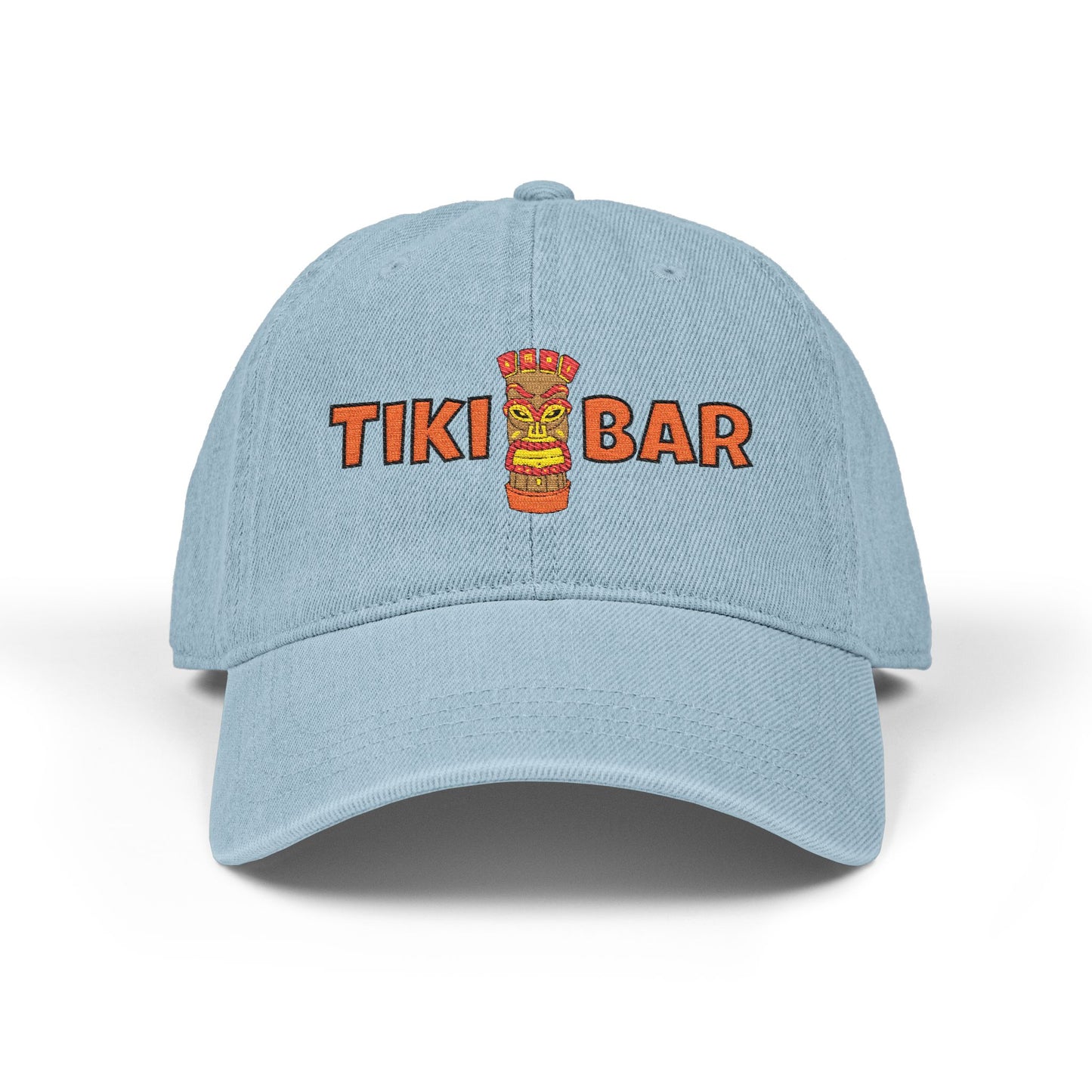 Light blue baseball cap with 'Tiki Bar' text and tiki mug graphic on a white background