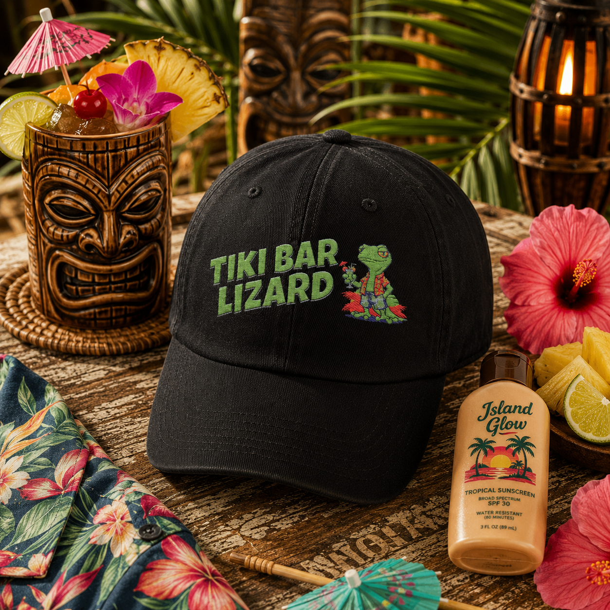 Tiki Bar Lizard Embroidered Denim Hat - Tropical Lizard Baseball Cap