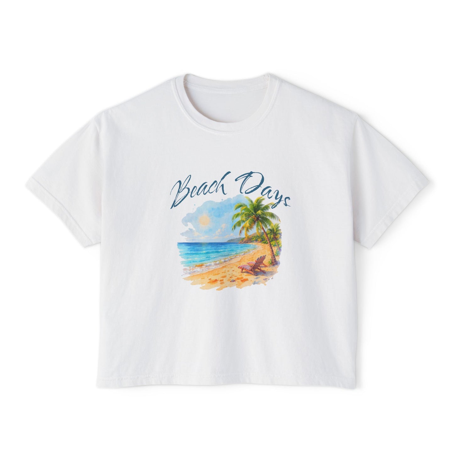 Beach Days Boxy Tee — Tropical Palm Beach Graphic for Women