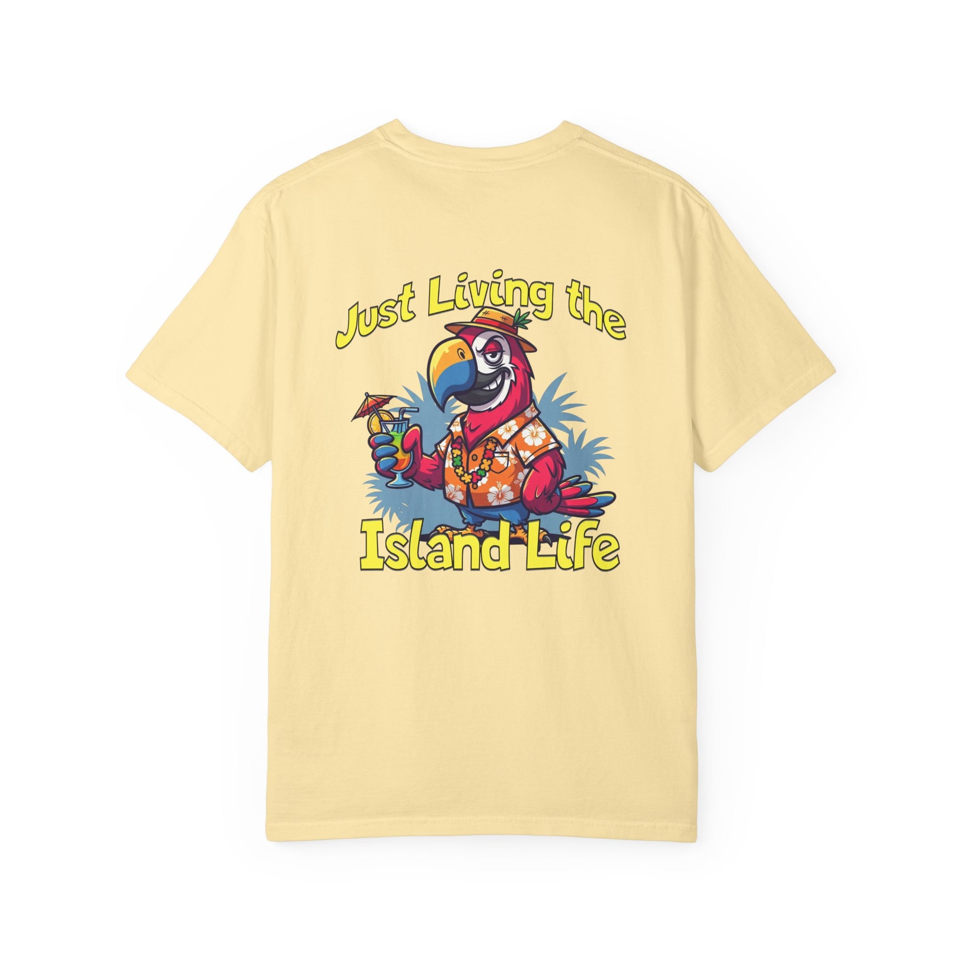 Yellow t-shirt with a parrot graphic and 'Just Living the Island Life' text on a white background