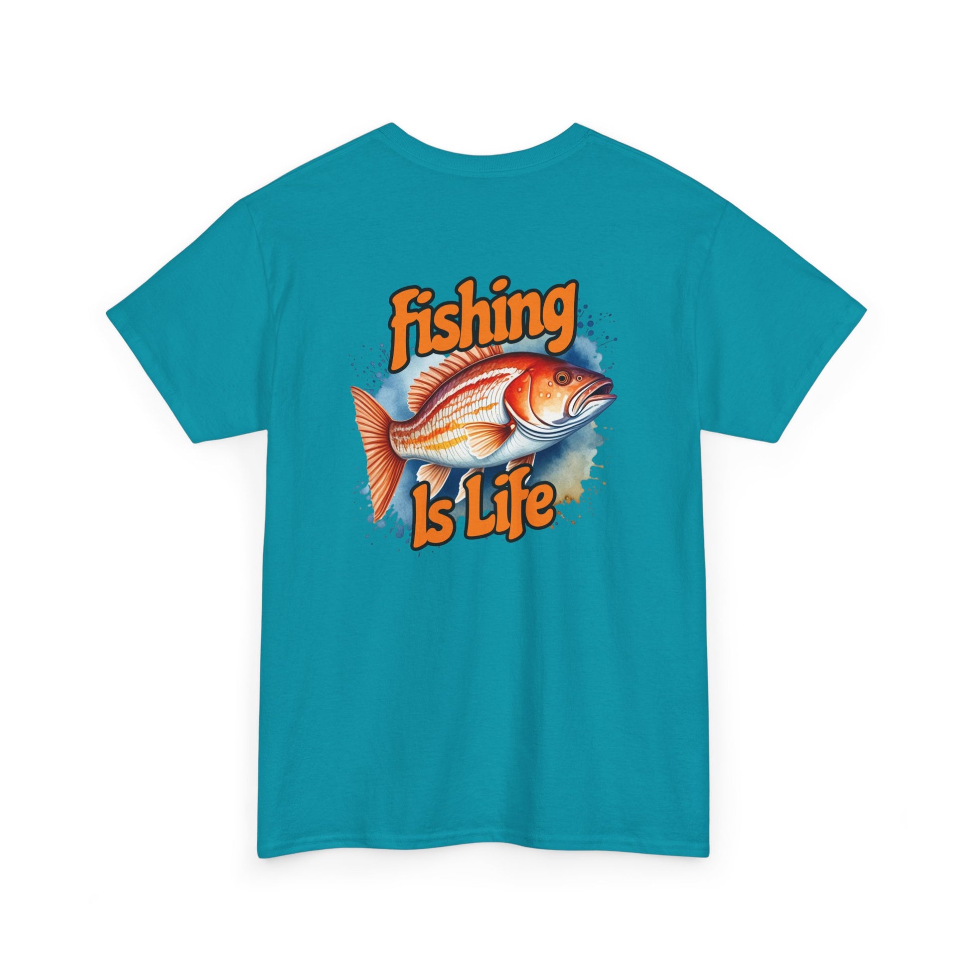 Blue t-shirt with 'Fishing is Life' graphic on a white background