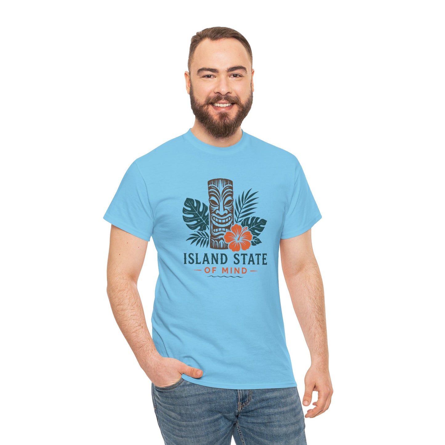 Island State of Mind T-Shirt — Tropical Tiki Tee with Hibiscus & Palm Leaves