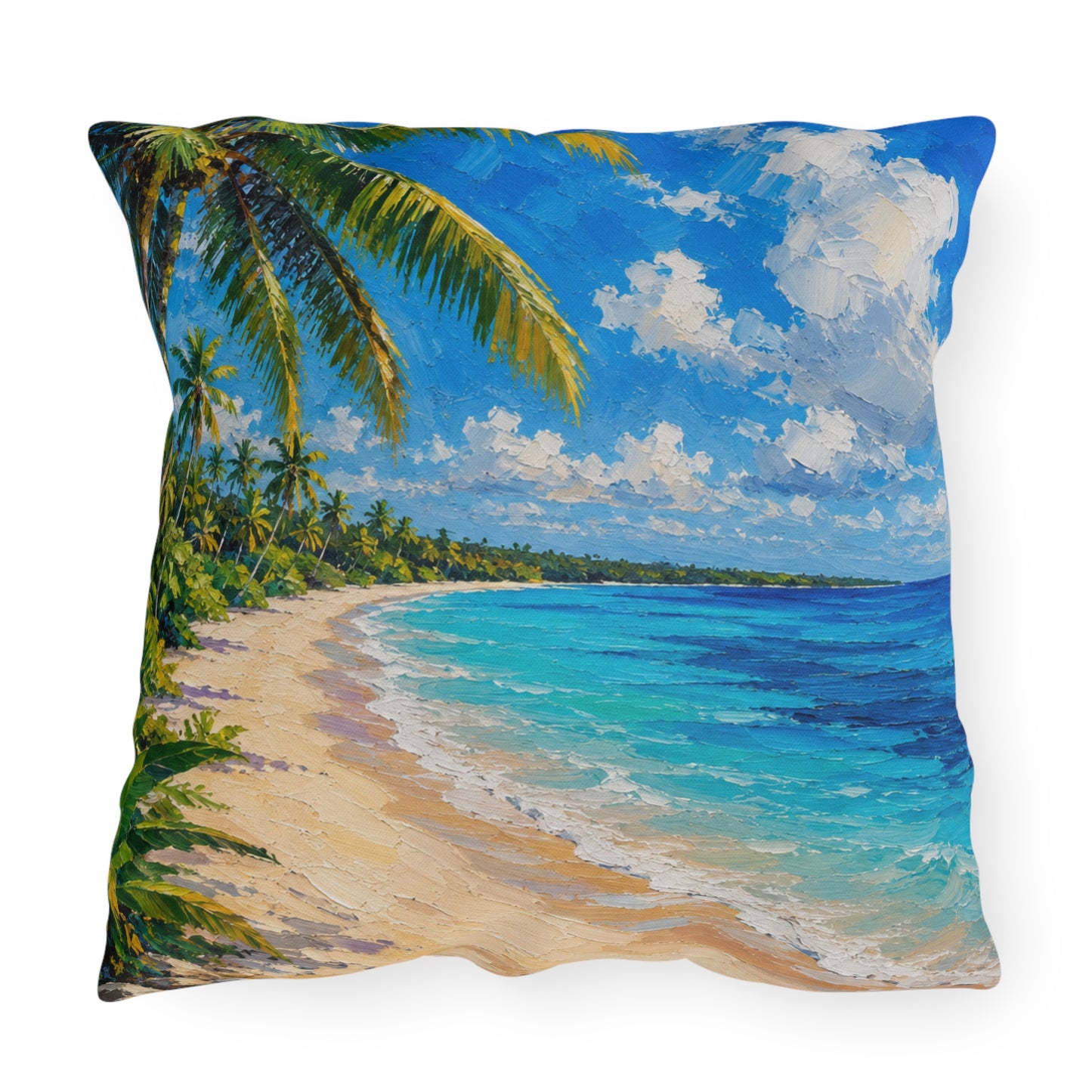 Tropical Caribbean Beach Outdoor Pillow — Coastal Palm Tree Seaside Decor