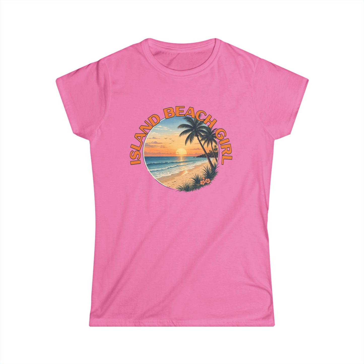 Pink t-shirt with 'Island Beach Girl' graphic on a white background