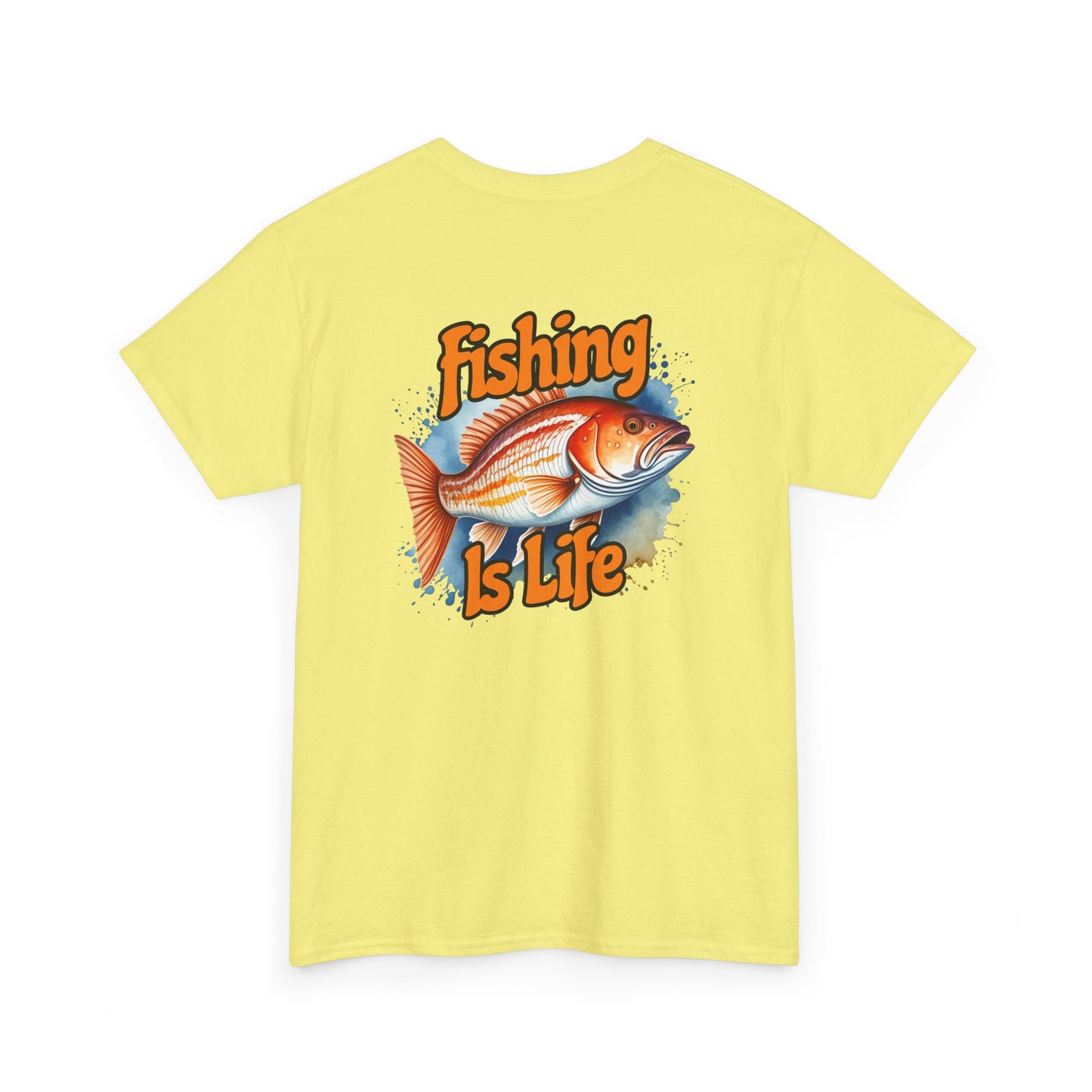 Yellow t-shirt with a fish graphic and 'Fishing is Life' text on a white background