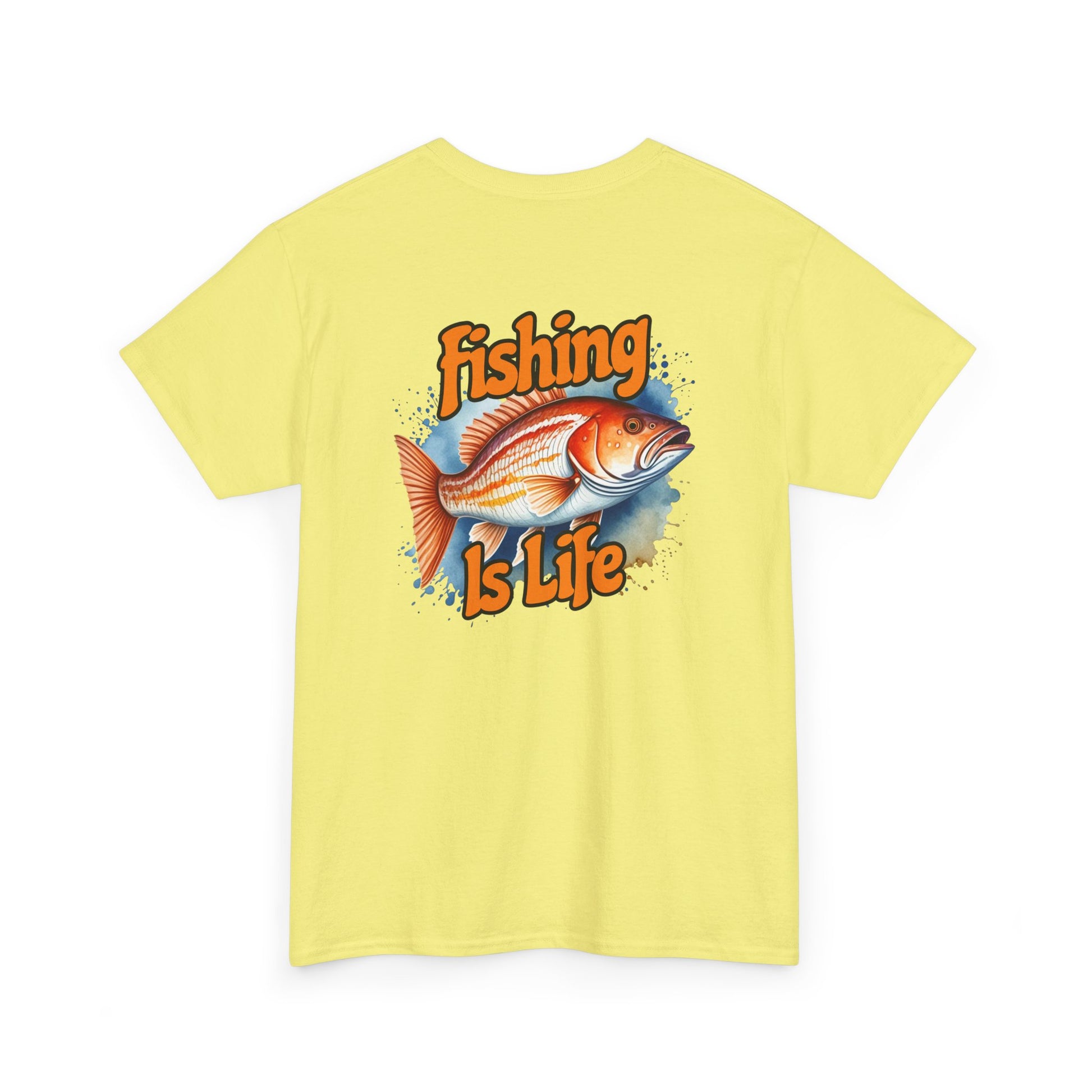 Yellow t-shirt with a fish graphic and 'Fishing is Life' text on a white background