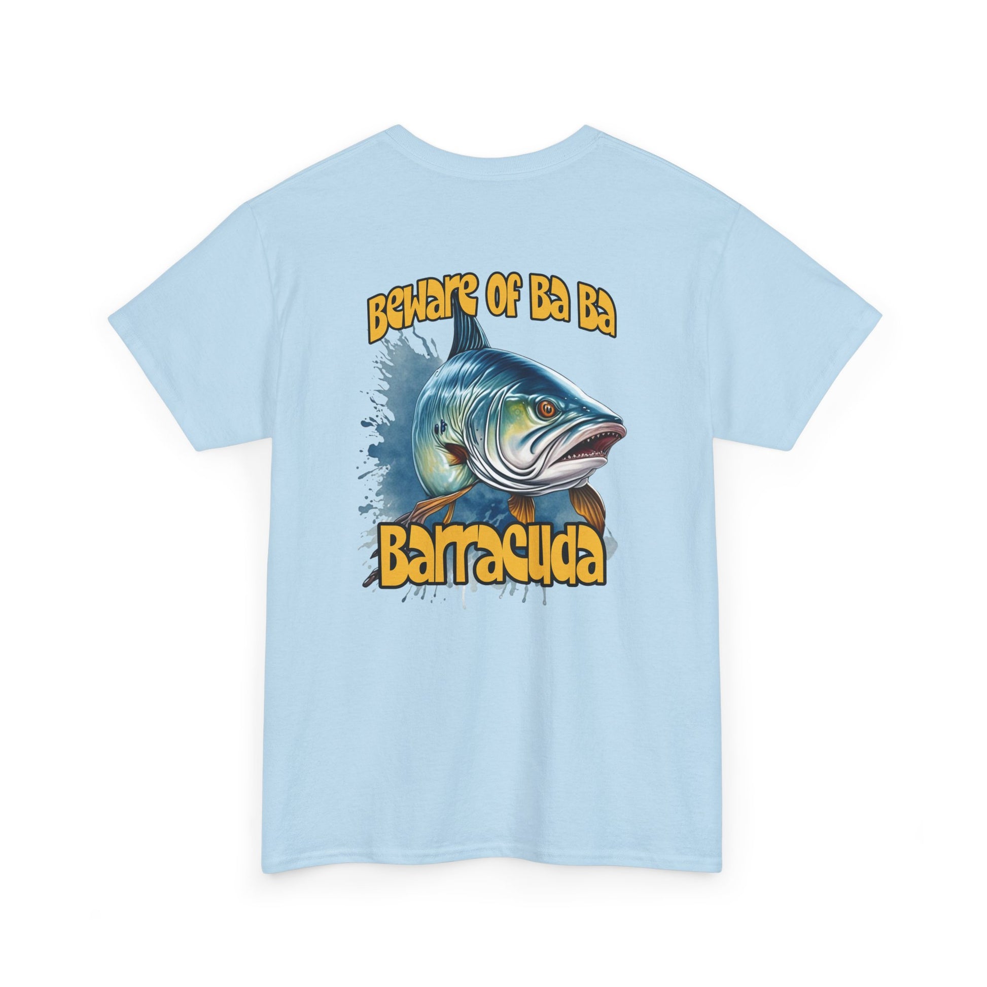 Light blue t-shirt with barracuda graphic and text on a white background