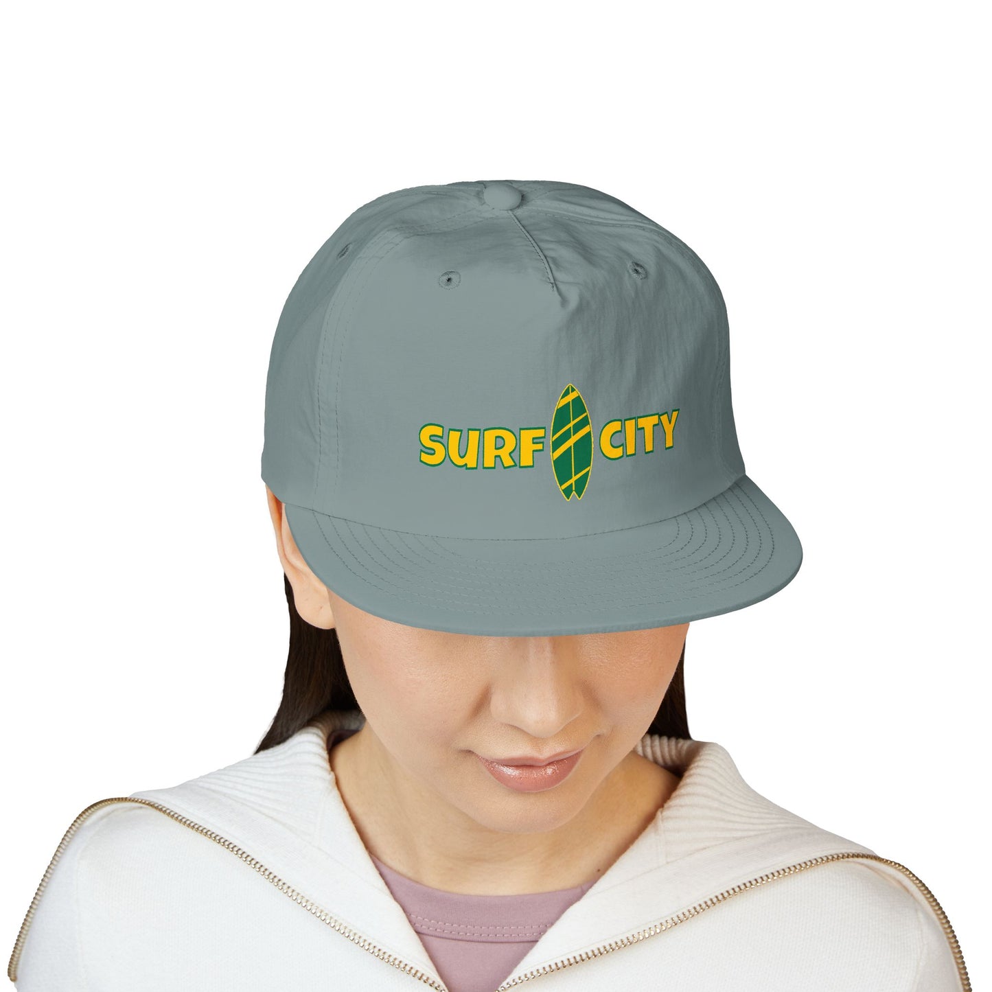 Surf City Embroidered Surf Cap — Retro Surfboard Logo Hat
