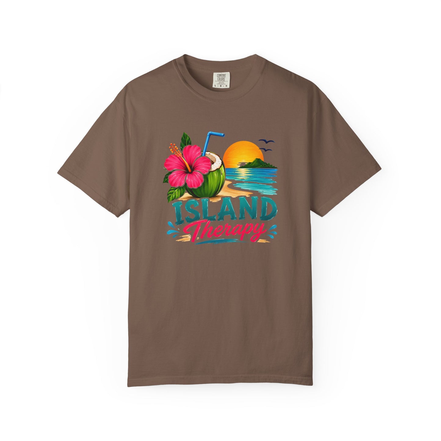 Island Therapy T‑Shirt — Tropical Sunset Coconut Drink Beach Tee