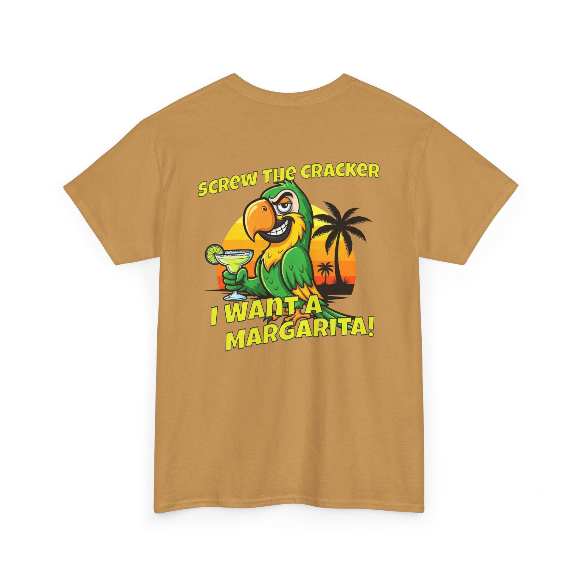 Beige t-shirt with a parrot graphic and text on a white background