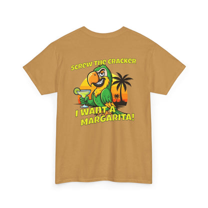 Beige t-shirt with a parrot graphic and text on a white background