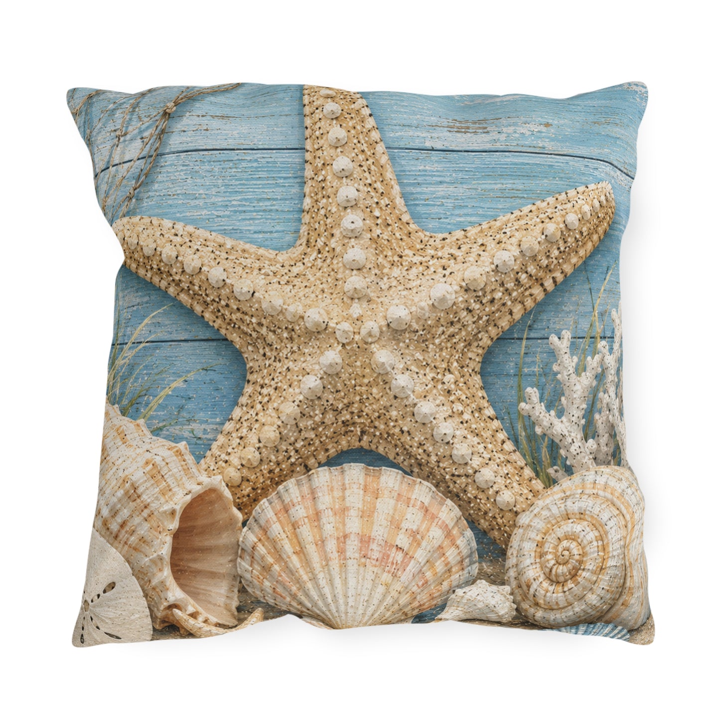 Coastal Starfish Outdoor Pillow — Beach Seashell Patio Cushion