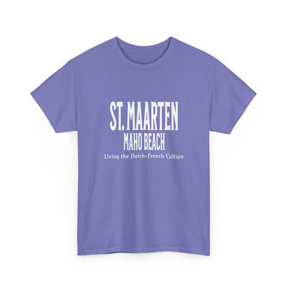 Lavender crewneck t-shirt with St. Maarten Maho Beach graphic on chest