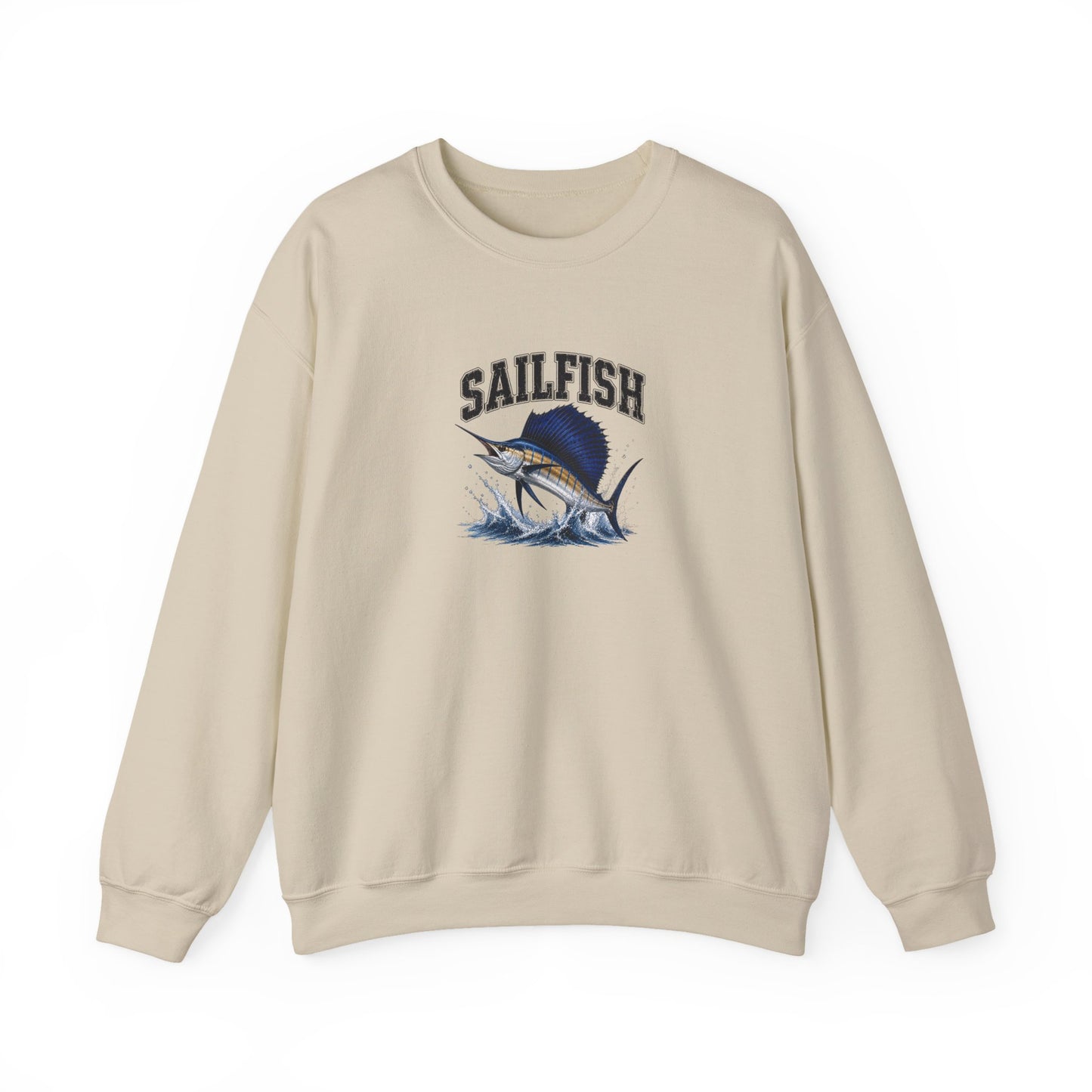A beige crewneck sweatshirt featuring a graphic of a sailfish jumping from the water with the word 'SAILFISH' printed above it, displayed on a clean white background.