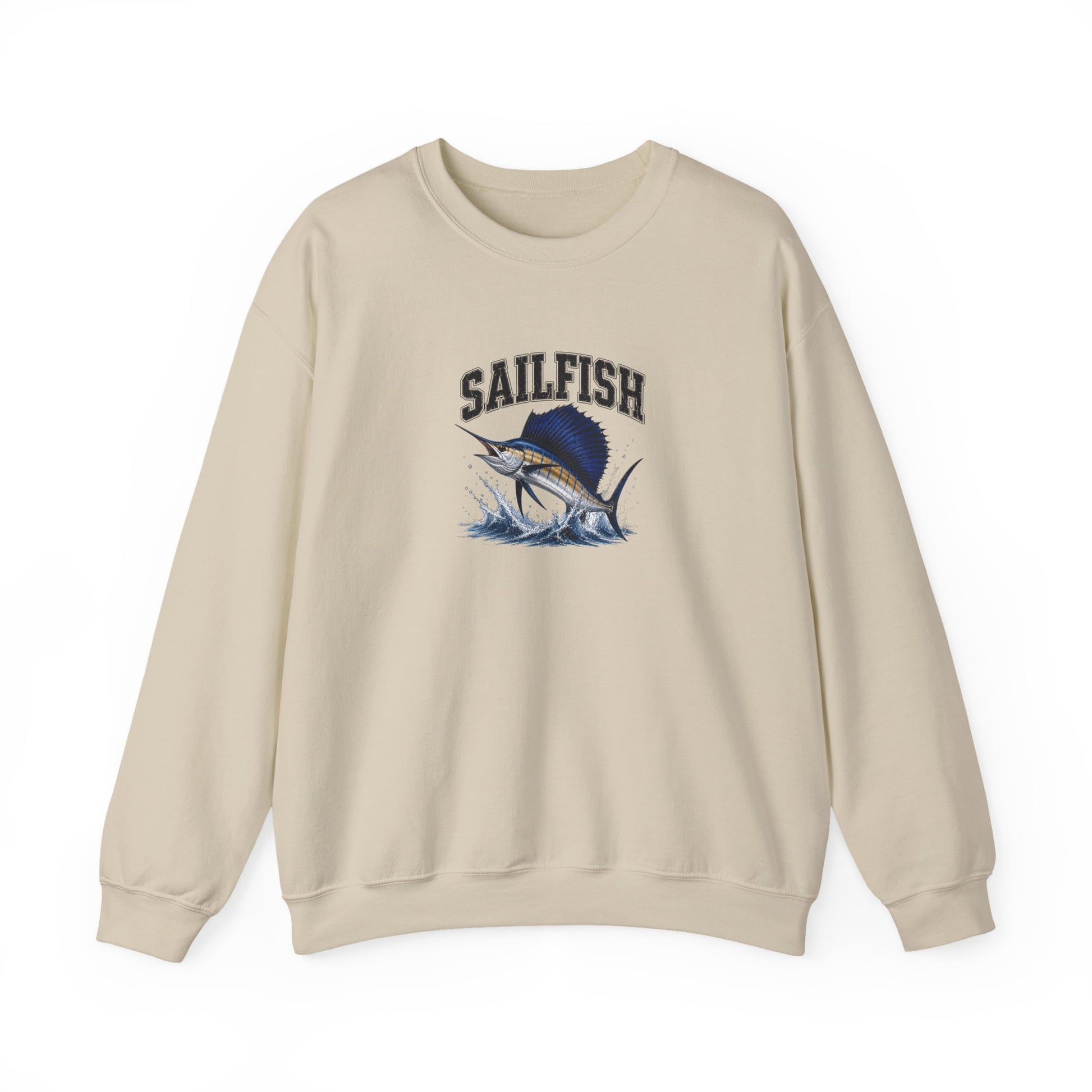 A beige crewneck sweatshirt featuring a graphic of a sailfish jumping from the water with the word 'SAILFISH' printed above it, displayed on a clean white background.