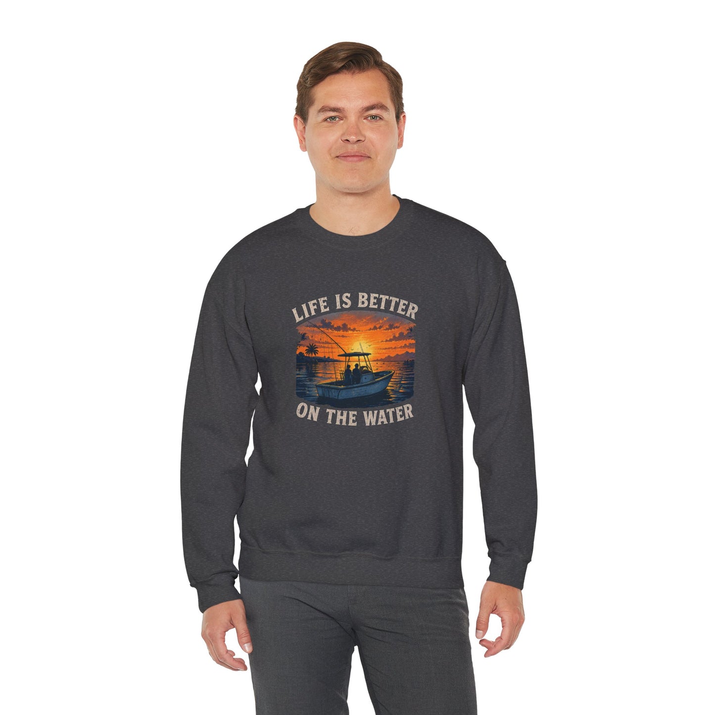 "Life Is Better On The Water" Crewneck Sweatshirt -Boat Sunset Graphic