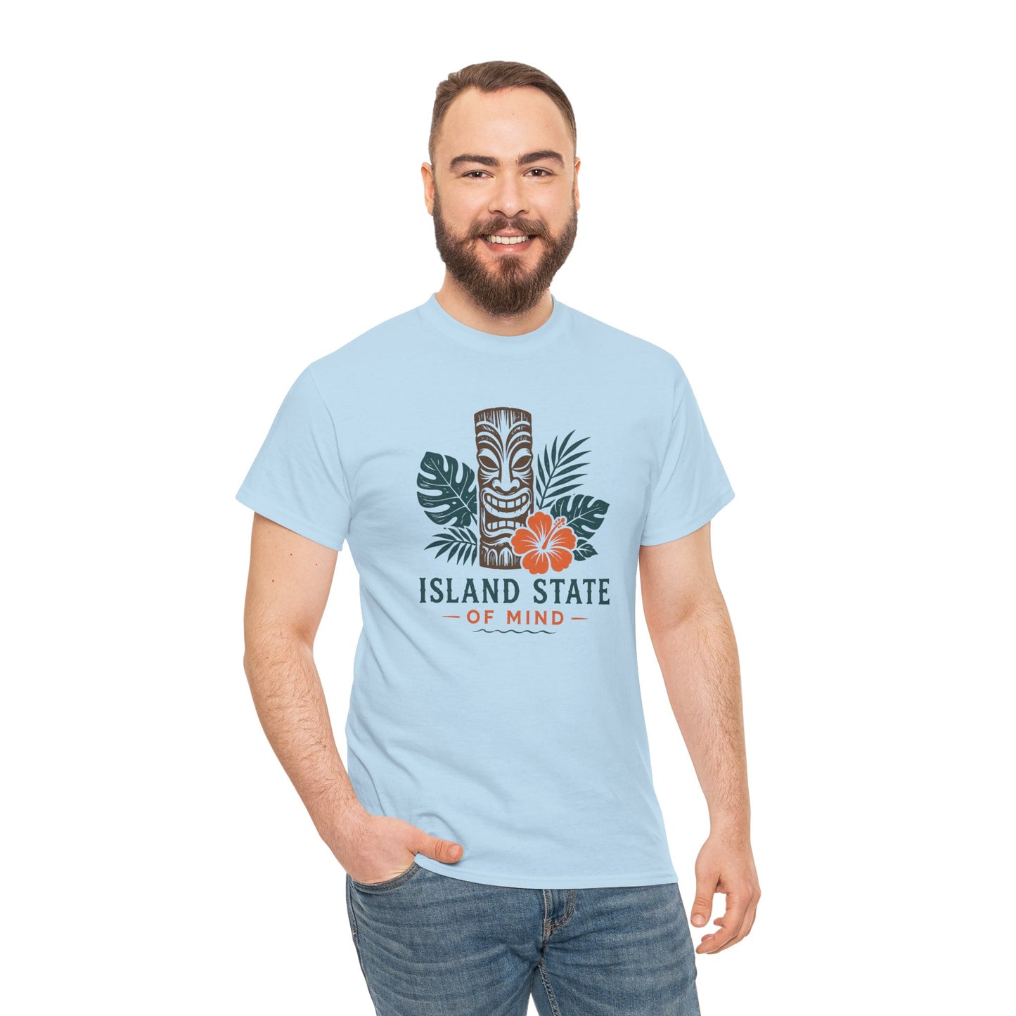 Island State of Mind T-Shirt — Tropical Tiki Tee with Hibiscus & Palm Leaves