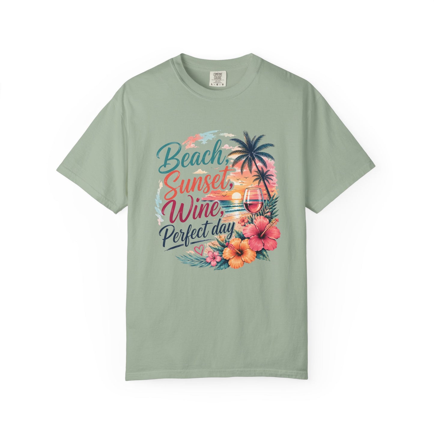 Beach Sunset Wine T-Shirt — "Beach, Sunset, Wine, Perfect Day" Tropical Graphic Tee